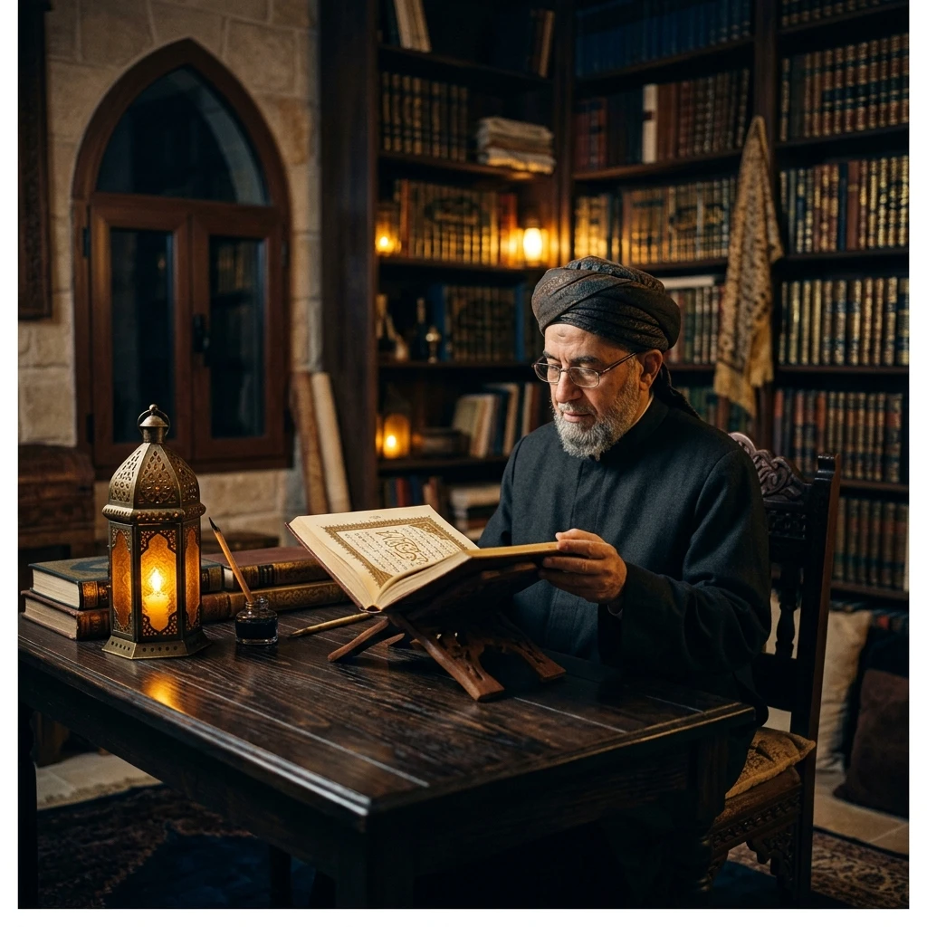 Raza Jafferi studying scripture by lamplight in a quiet library